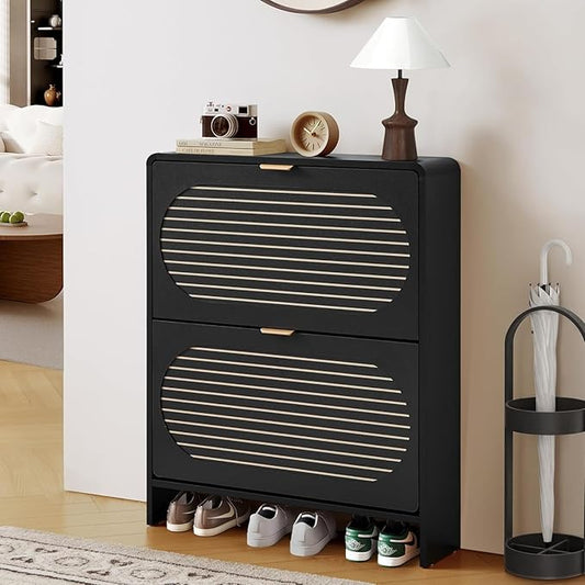 Narrow Shoe Cabinet for Entryway with 2 Flip Drawers, Curved Shoe Storage Cabinet with Stripe Panel, Freestanding Wooden Shoe Organizer Farmhouse Closed Shoe Rack for Hallway, Foyer(Black)-NeatNest