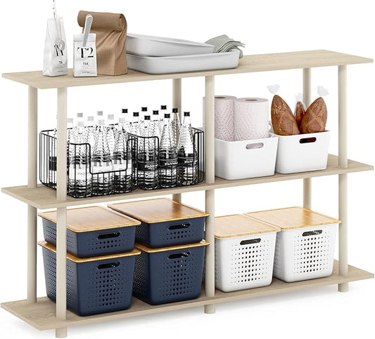 Furinno Turn-N-Tube No Tools 3-Tier Rectangle Side Display Rack, Bauhaus Oak/Beige Plastic Pole 2 x 2