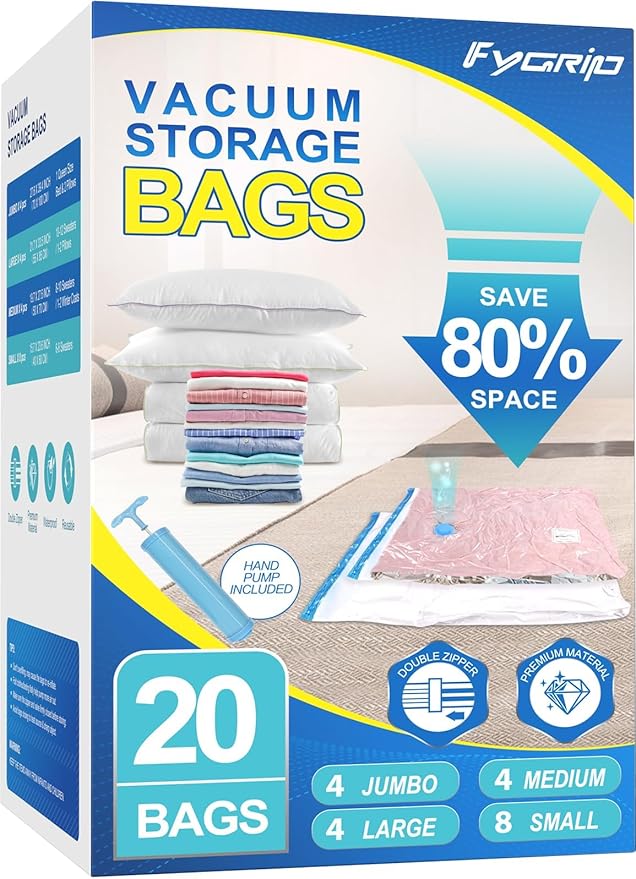20 Pack Vacuum Storage Bags with Hand Pump, 4 Jumbo + 4 Large + 4 Medium + 8 Small Plastic Packaging Bags, 80% Space Saver Vacuum Seal Bags for Clothing, Travel Lugggage, Blankets, Comforters-NeatNest