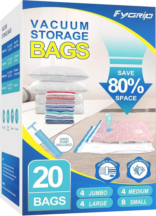20 Pack Vacuum Storage Bags with Hand Pump, 4 Jumbo + 4 Large + 4 Medium + 8 Small Plastic Packaging Bags, 80% Space Saver Vacuum Seal Bags for Clothing, Travel Lugggage, Blankets, Comforters-NeatNest