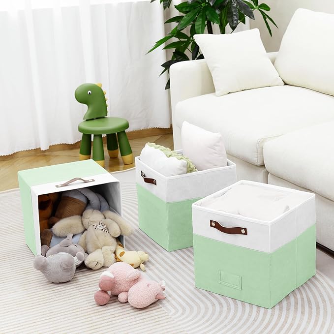 6-Pack Collapsible Fabric Storage Cubes with Handles & Label Holders, Closet Cube Home Organizer Bins (White/Sage Green, 13 x 13 x 13 inch)