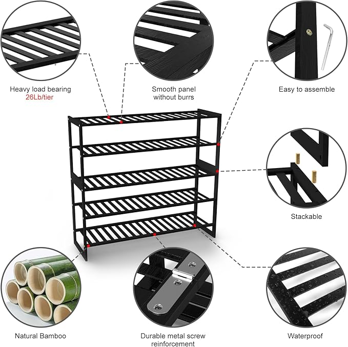 Shoe Rack Bamboo 5 Tier Shoe Organizer, Storage 20-25 Pairs for Closet Entryway, Stackable Large Tall Shoe Shelf Holder Stand Cubby for Door Hallway Bedroom Garage-NeatNest