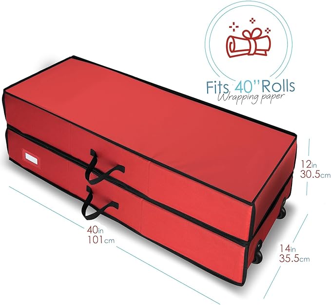 Hearth & Harbor Wrapping Paper Storage Container with Ribbon Dispenser and Interior Pockets - Large Christmas Storage Containers with Wheels, Fits 30 Rolls of 40" Length, Red-NeatNest