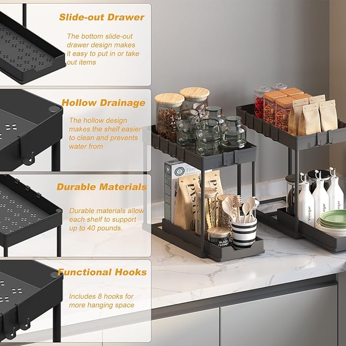 2 Pack Multi-Purpose Pull-Out Storage Organizers, Under Sink Organizers and Storage for Bathroom & Kitchen, Under Cabinet Organizers and storage, 12.8 Inch, Black-NeatNest