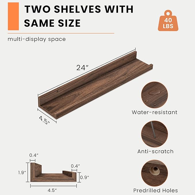 Heimlove Picture Ledge Shelf, Floating Shelves Set of 2, 24 Inches Picture Shelf for Wall with Ledge, Kids Bookshelf Wall Mounted for Living Room Bedroom Decor Books Photo Frames - Walnut-NeatNest