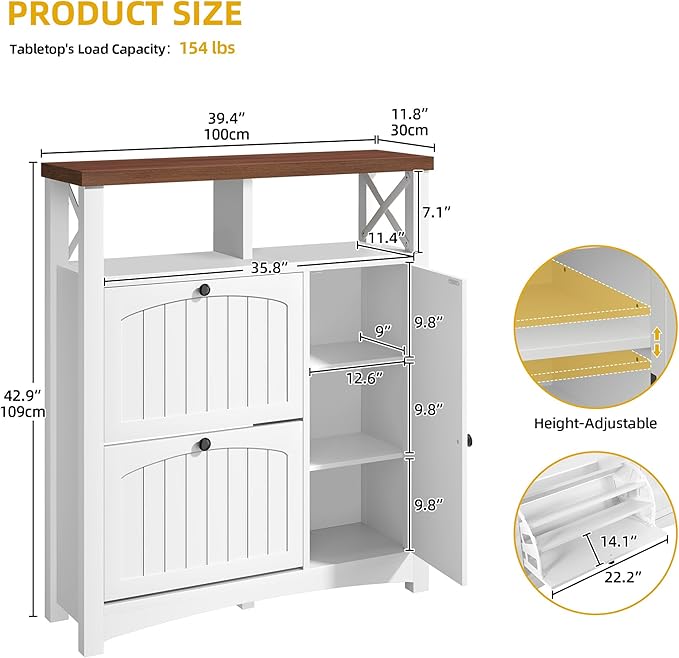 DWVO Farmhouse Shoe Cabinet with 2 Flip Drawers, Wood Shoe Rack w/Door, Entryway Shoe Organizer with Open Storage & Adjustable Shelves, Rustic Hidden Shoes Storage Cabinet for Foyer, Hallway, White-NeatNest