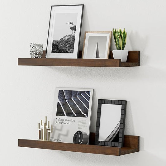 Floating Shelves for Wall, 16 inch Solid Wood Picture Ledge Shelf, Picture Shelf for Wall with Ledge, Floating Book Shelves for Living Room Bedroom Kitchen Nursery Decor, Walnut, Set of 2-NeatNest