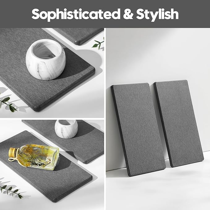 2PCS 10"x 5" Large Bathroom Sink Vanity Trays, Water Absorbing Diatomite Stone Quick Drying Mat for Kitchen Counter, Dish Rack Dispensers Sponge Holder Caddy Organizer, Dark Gray,-NeatNest
