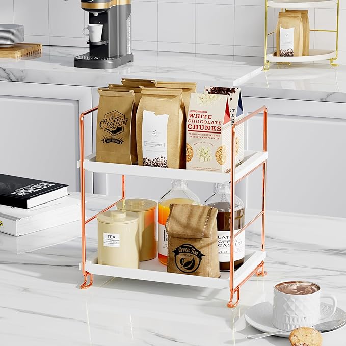 FSyueyun 2-Tier Bathroom Countertop Organizer, Tool-Less Installation Premium Plastics Makeup Shelf Organizer Perfume Skincare for Dresser Vanity Tray Organizers and Storage (Rose Gold)-NeatNest