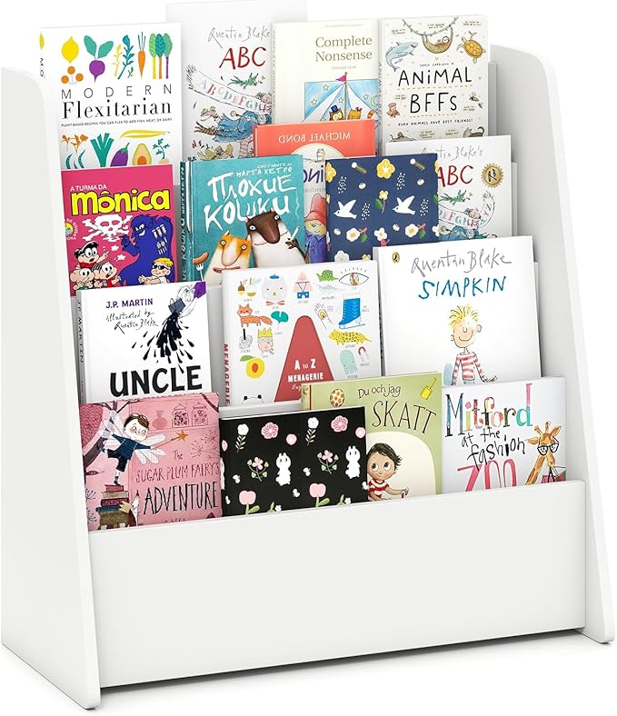 GLACER 4-Tier Kids Bookshelf, Wood Toddler Bookcase with Deep Magazine Display Shelf & Back Storage Space, Children Storage Organizer for Nursery, Playroom, Kids Bedroom, Classroom (White)