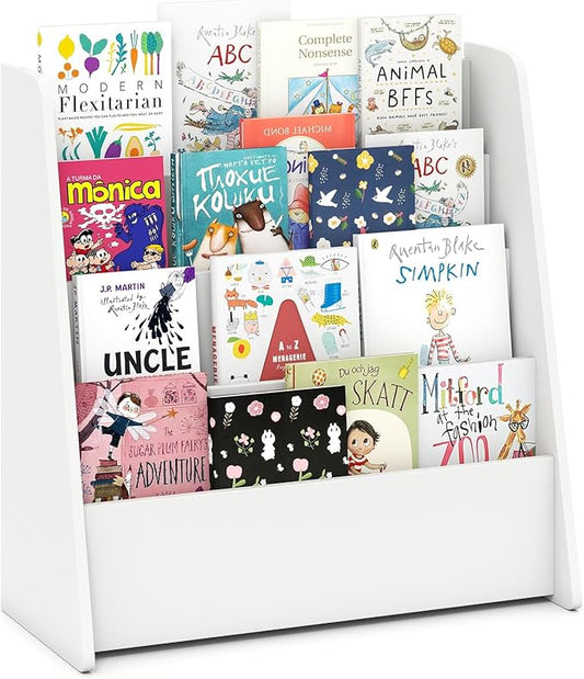 GLACER 4-Tier Kids Bookshelf, Wood Toddler Bookcase with Deep Magazine Display Shelf & Back Storage Space, Children Storage Organizer for Nursery, Playroom, Kids Bedroom, Classroom (White)