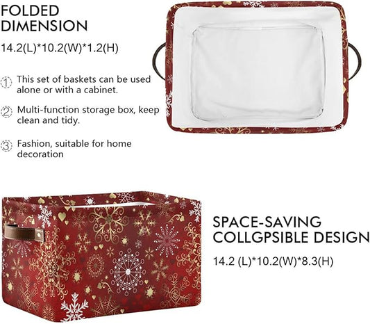 Christmas Red Seamless Pattern with Gold and White Snowflakes Storage Basket,Large Storage Bin Fabric Collapsible Organizer Bag with Handles 15x11x9.5 inch-NeatNest
