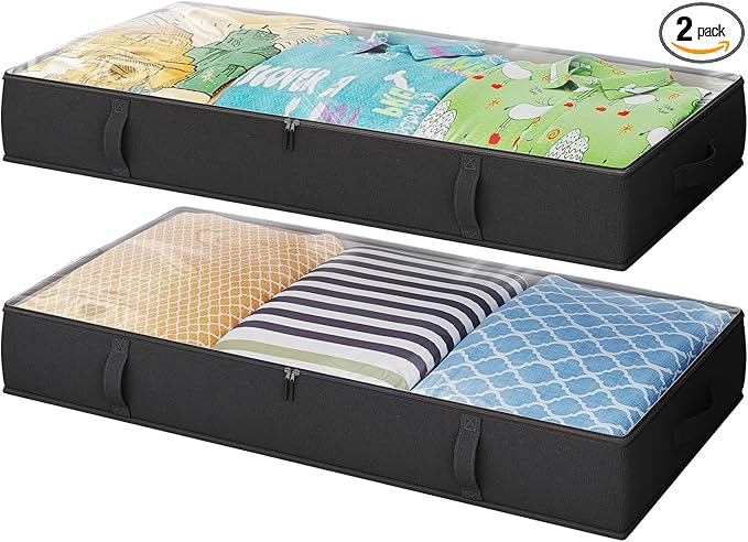 2-Pack Under Bed Storage, 6 Inches Tall Closet Organizers and Storage Bins with Sturdy Sidewalls/Bottom/4 Handles, Black-NeatNest