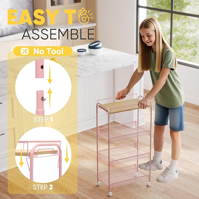 Sekey 4 Tier Rolling Cart Metal, Snap-Together Utility Cart on Wheels, Heavy Duty Storage Cart with Universal Wheels for Baby Nursery, Bathroom, Kitchen, Laundry Room, Pink