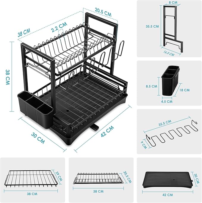 2-Tier Dish Drying Rack Dish Drainer Dish/Cup/Cutting Board Cutlery Holder Dish Drainer Rack Multifunctional Storage Rack w/Drainboard & 360° Telescopic Drain Pipe for Kitchen (Black)