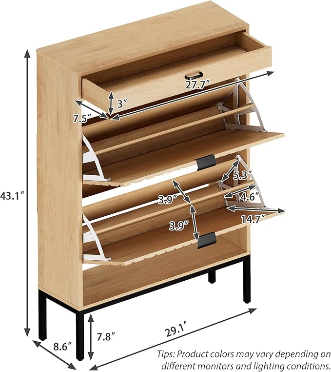 XIAO WEI Shoe Cabinet, Shoe Storage Organizer Cabinet with 2 Flip Half Moon Line Doors, Freestanding Shoe Rack with Adjustable Shelf for Entryway（Oak）-NeatNest