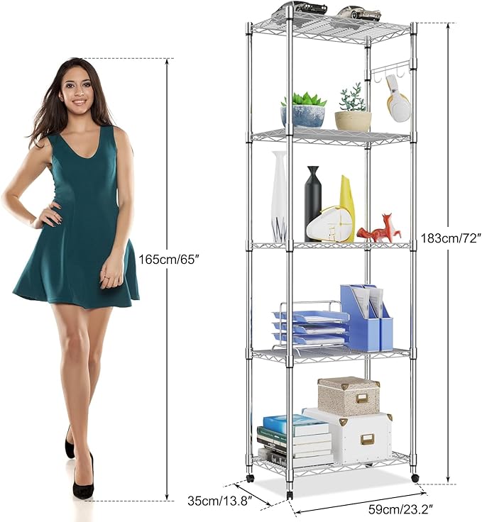 Homdox 5 Tier Steel Wire Shelving Unit on Wheels,Chrome Shelves for Garage Kitchen Living Room,Heavy Duty Shelving Rack, 23.2 x 13.8 x 72 inch (L x W x H)-NeatNest