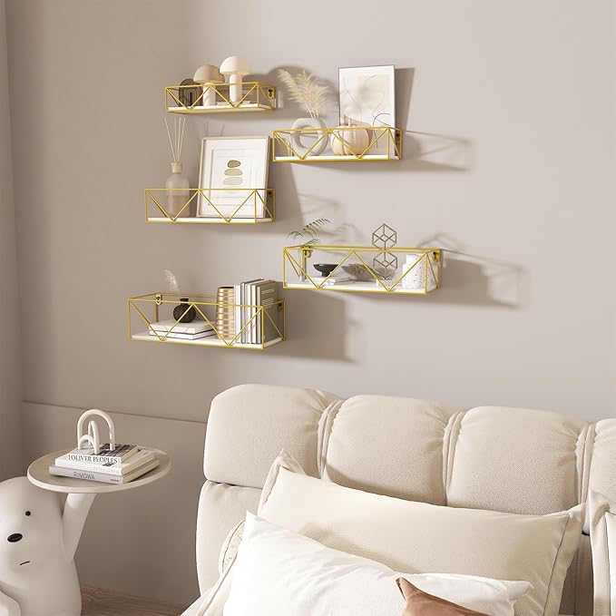 CRUGLA Gold Floating Shelves Wall Mounted Set of 5, Hanging Storage Floating Shelf for Bathroom, Kitchen, Bedroom, Living Room-NeatNest