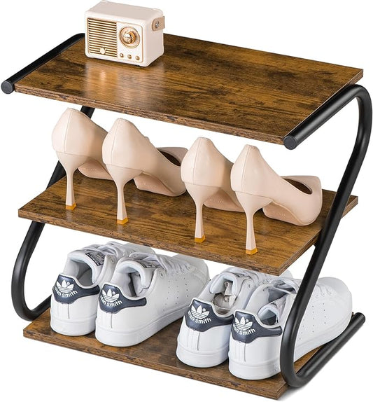 Small 3-Tier Shoe Rack, Z-Frame Wooden Shoe Shelf with Durable Metal Shelves for Hallway, Living Room, Closet, Bedroom (17.2”)-NeatNest