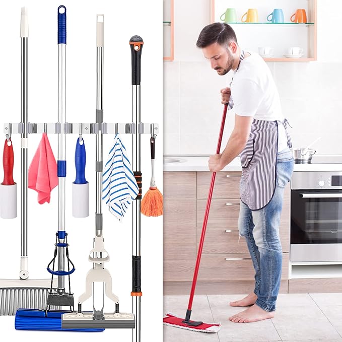 Piyl Broom Mop Holder Wall Mount Broom Hanger Wall Mounted Metal Organization Garage Storage Garden Kitchen Tool Organizer With 4 Racks and 5 Hooks (Silver, 1 Pack 4R5H)-NeatNest