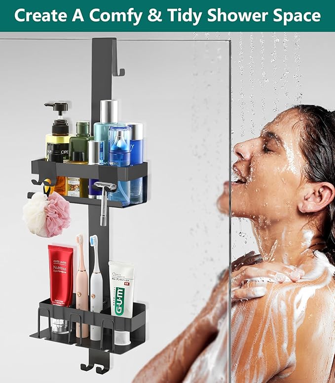 Over The Door Shower Caddy 2 Tier, 304 Stainless Steel Hanging Shower Caddy Rustproof Shower Shelves, No Drilling Hanging Shower Organizer for Bathroom Glass Door, Black