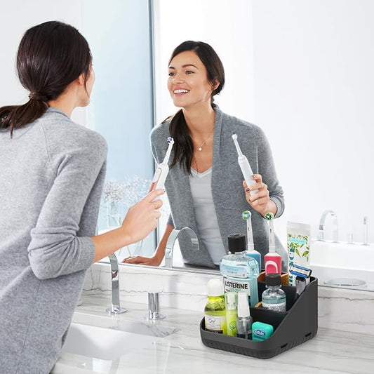 Chintu Toothbrush Holders Bathroom Countertop Organizer-Electric Tooth Brushing Holder 6 Slots Toothbrush Caddy for Counter Organization Kids Family Toothpaste Holder for Vanity Storage Black-NeatNest