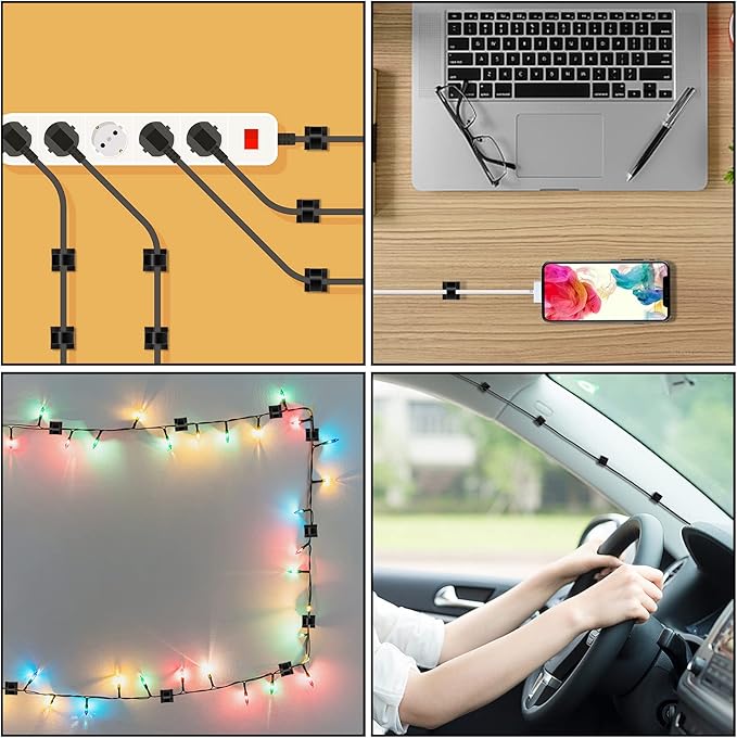 100 Pcs Cable Clips, Adhesive Cable Organizer Cord Holder Wire Clip Wire Management Self Adhesive Hooks Wire Holder for Office, Home, Black-NeatNest