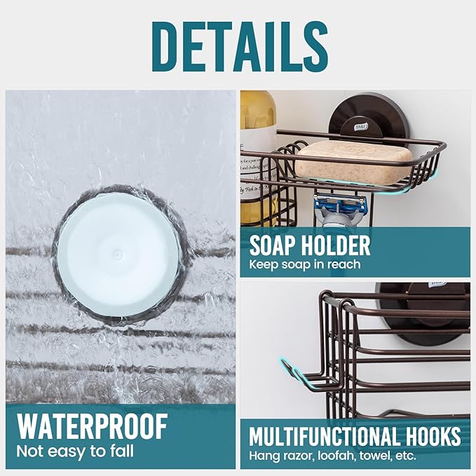 TAILI Shower Caddy Suction Cup with Hooks & Soap holder, Heavy Duty Bathroom Shower Organizer, No Drilling Shelves for Inside bathroom, Metal Black Storage Basket-Brown