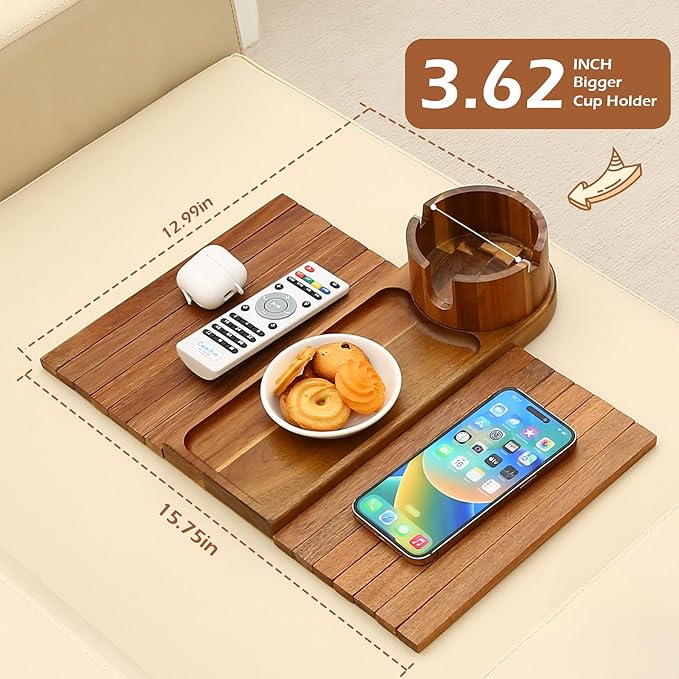 Couch Cup Holder Tray, 15.75" Acacia Wood Couch Armrest Table, 3 in 1 Foldable Sofa Clip on Side Table with 360° Phone Stand, Armrest Tray for Coffee Snacks-NeatNest
