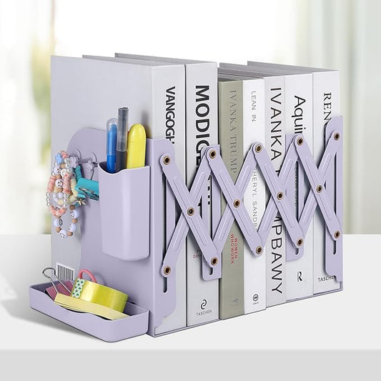 Honagu Adjustable Bookends, Metal Book Ends for Shelves Heavy Book, Desk Magazine File Organizer for Home, Office, Books, Papers with Removable Hook, Pen Holder（Light Purple）