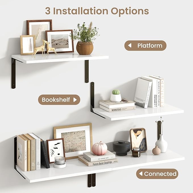 Fun Memories Floating Shelves for Wall, 12 Inch Deep Floating Shelves Set of 2, Wall Mounted Shelf with Metal Brackets, Rustic Wood Wide Shelf for Bathroom, Kitchen and Living Room, White, 24W x 12D-NeatNest