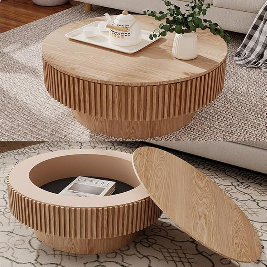 31.5'' Round Wood Coffee Table with Storage for Living Room Modern Fluted Coffee Table with Pedestal Circle Center Tables Accent Tea Table for Apartment, Natural Wood Oak