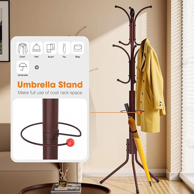Coat Rack Freestanding,12 Hooks Metal Coat Racks with Umbrella Holder,Sturdy Hall Rree,Easy Assembly Coat Rack Stand for Hanging Scarf,Purse,Hats,Jacket(Brown)-NeatNest