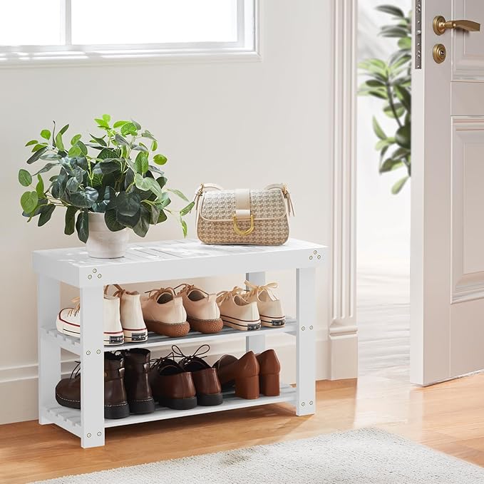 Pipishell Bamboo Shoe Rack Bench, 3-Tier Sturdy Shoe Organizer, Storage Shoe Bench, Holds up to 300lbs for Entryway Bedroom Living Room Balcony (White)-NeatNest