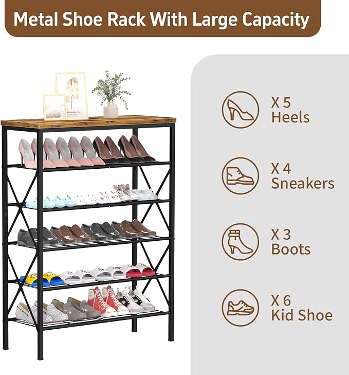 6 Tiers Metal Shoe Rack，Large Capacity Shoe Rack Holds 24 Pairs of Shoes, Durable and Stable, Adjustable Metal Shelf Stackable Shoe Shelf for Entryway, Hallway, Living Room, Closet-NeatNest