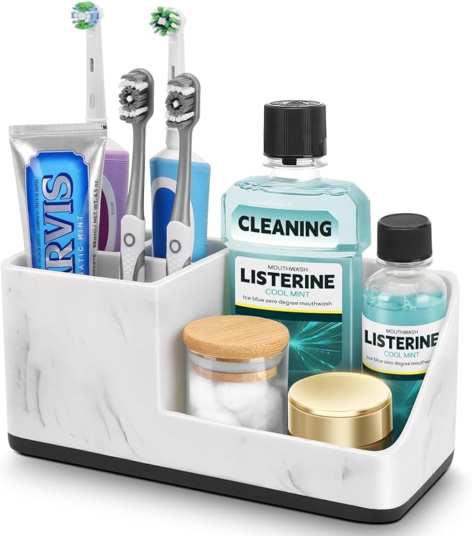 Marble Bathroom Counter Organizer, Kids Electric Toothbrush and Toothpaste Holders for Bathroom Organizers and Storage (Marble)-NeatNest