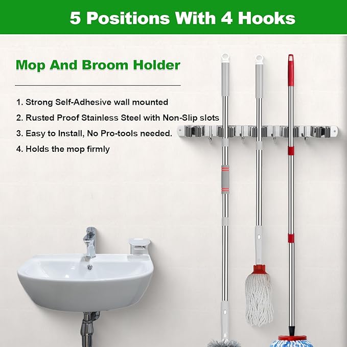 voze 5 Racks and 4 Hooks Mop and Broom Holder Wall Mount, Self Adhesive Heavy Duty Broom Hanger Organizer Storage Tool Racks for Kitchen Garden Laundry Garage-NeatNest