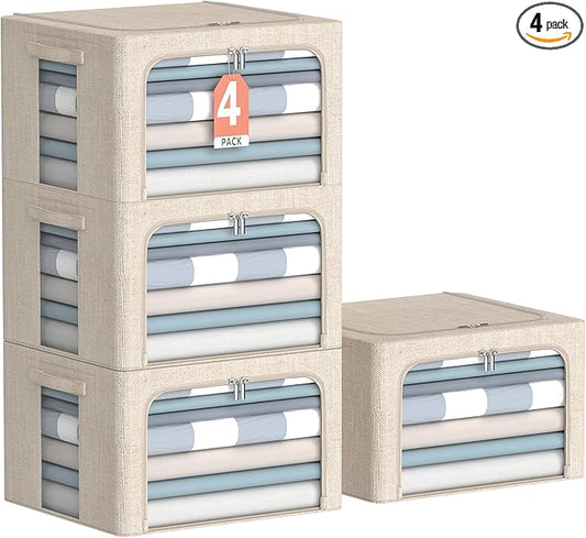 4 Pack Clothes Storage Bins with Metal Frame - Linen Fabric Foldable Stackable Container Organizer Set with Clear Window & Carry Handles & Zippers (Beige, 15.7"x11.8"x7.8")-NeatNest