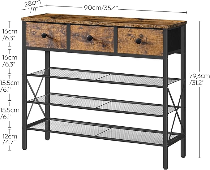 4-Tier Shoe Rack with 3 Drawers, Metal Shoe Organizer for 15 Pairs with Storage Shelves and Wooden Top, for Entryway, Hallway, Foyer, Closet, Rustic Brown and Black SS34BR-NeatNest