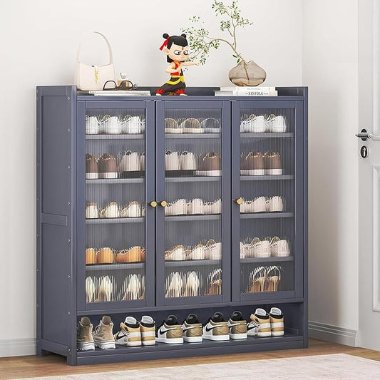 Bamboo Shoe Cabinet, 8-Tier Shoe Storage Cabinet with Doors, Freestanding Bamboo Shoe Rack Organizer with Shelves for Entryway, Hallway, Closet, Living Room (Grey-02)