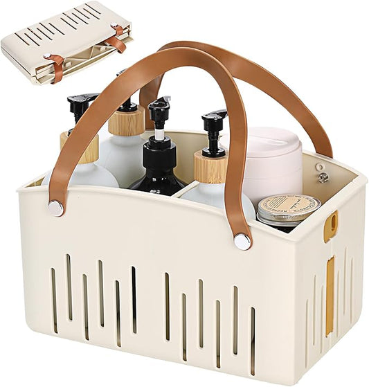 Portable Shower Caddy Collapsible Plastic Shower Basket Tote with Handles Removable Divider, Cleaning Caddy Storage Organizer for Bathroom College Dorm (White)