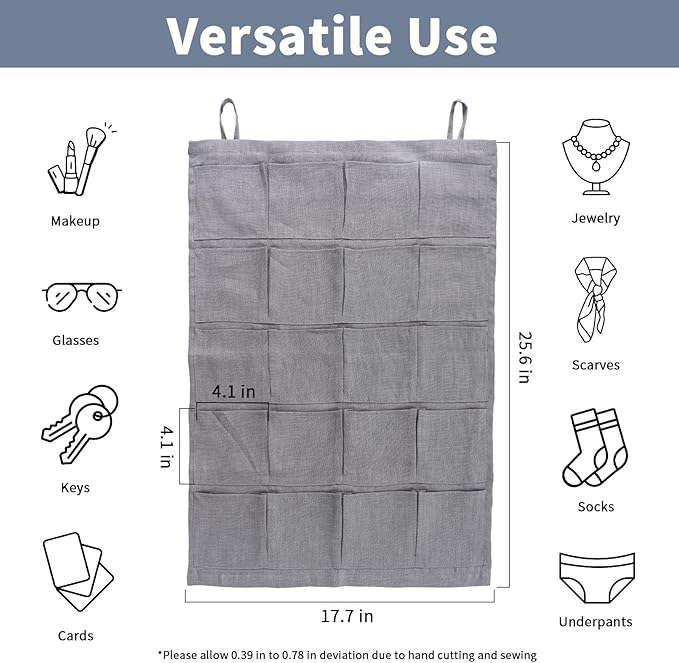 100% Linen Hanging Storage Bag with 20 Pockets, Wall Hang Over The Door Closet Organizer for Socks Underpants, Gray