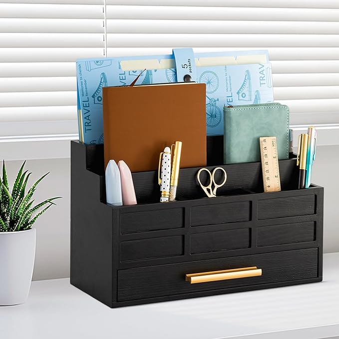 Black Wood Desk Organizer and Accessories with Drawer, Bill Mail Organizer and File Mail Holder for Office Supplies, Rustic Desk Accessories & Workspace Organizers for Desk Organization-NeatNest
