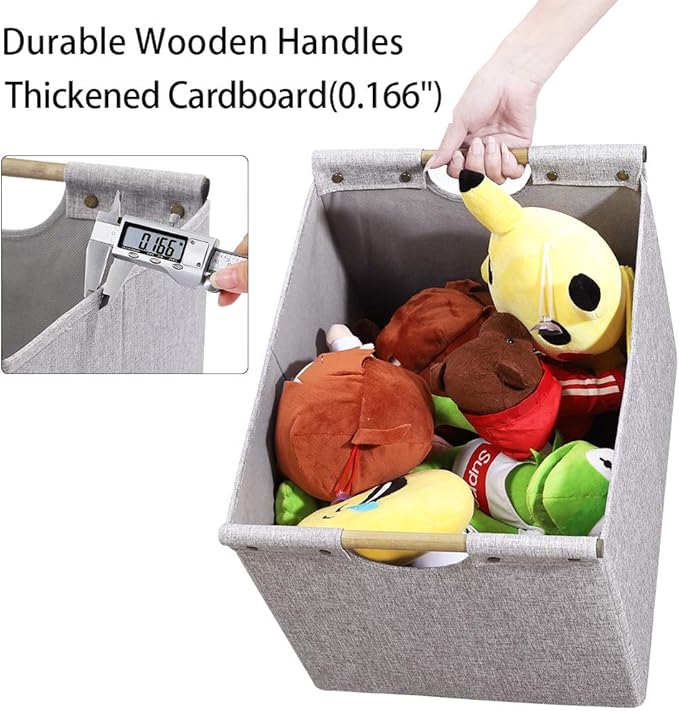 HOONEX Large Foldable Storage Bins, Linen Fabric, 2 Pack, with Wooden Carry Handles and Sturdy Heavy Cardboard, for Home, Office, Car, Nursery, Light Grey
