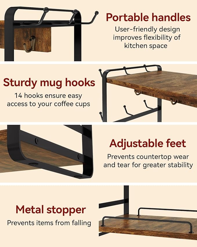 IBUYKE Coffee Bar Station Countertop Organizer,2 Tier Kitchen Mug Cup Holder Stand,Wooden Coffee Mug Organizer with 18 Hooks,Multifunctional Mug Tree for Home Kitchen, Office,Vintage Brown UTBJ006H-NeatNest