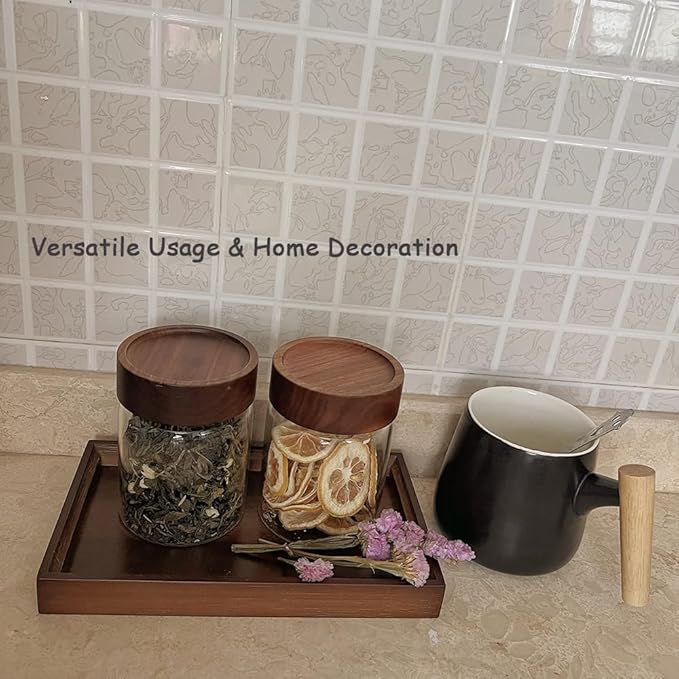 Clear Glass Storage Canister with Airtight Wooden Screw Lid 11oz/350g 2 PACK with Tray,Decorative Container Jar for Coffee,Spice,Candy,Salt,Cookie,Condiment,Pepper,Sugar,Overnight Oatmeal-NeatNest