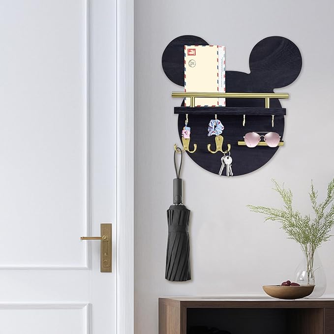 AIRPOP Disn Key Holder for Wall–Mouse Wooden Mail Organizer Wall Mount with Shelf and 6 Hooks, Easy Installation Key Rack Hanger for Entryway Living Room Home Decor (Black)