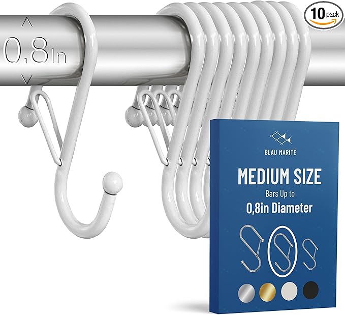 10-Pack Metal S Hooks for Hanging – Heavy-Duty S-Shaped Hooks with Safety Buckle – Fits Bars up to 0.8 in – Anti-Drop S-Hooks for Kitchen, Bathroom, Closet & Pot Racks – White (Medium)-NeatNest