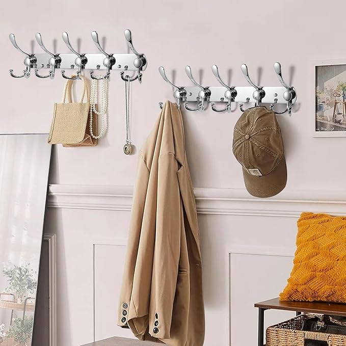 2 Pack Wall Mounted Three Prongs Coat Hooks - Thickened 304 Stainless Steel Coat Hooks, Anti-Sliding 5 Tri-Hooks Coat Rack Wall Mount,16 Inches Rustproof Coat Rack, Holding up to 44 lbs, Silver