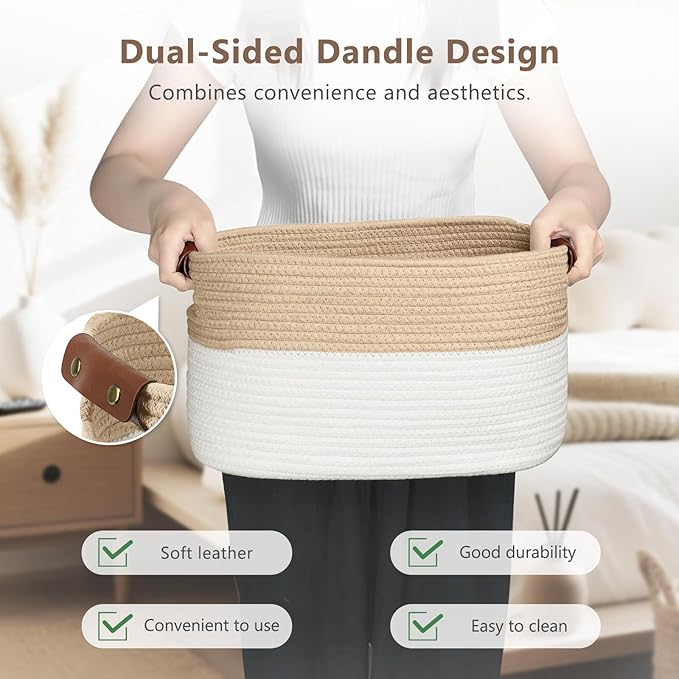 Cotton Rope Basket , Storage Baskets with Handle, 15x10x9 Inch Woven Basket for Shelves, Laundry, Towels, Clothes, Books, Toys (White/Beige 2Pack)-NeatNest